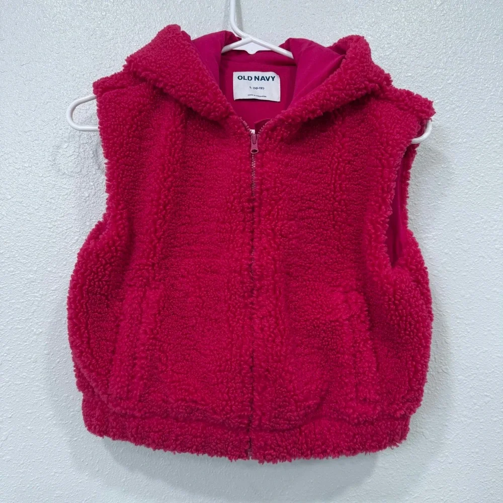 Old Navy Girls Sherpa‎ Fleece Lined Hooded Vest Pink Size Large 10-12